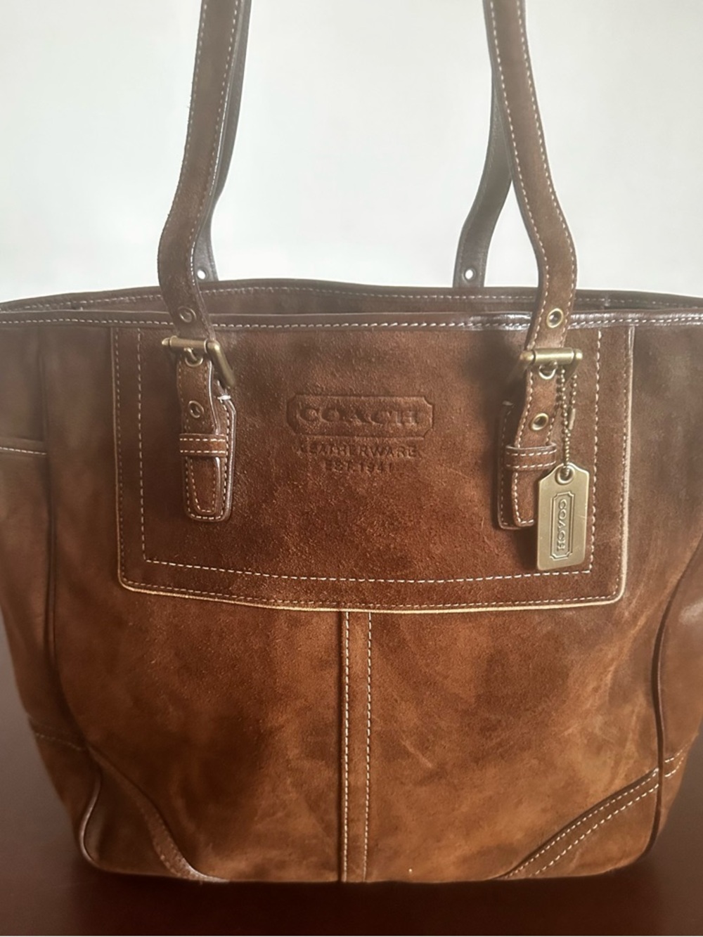 Coach Brown Embossed Suede Brand Patch